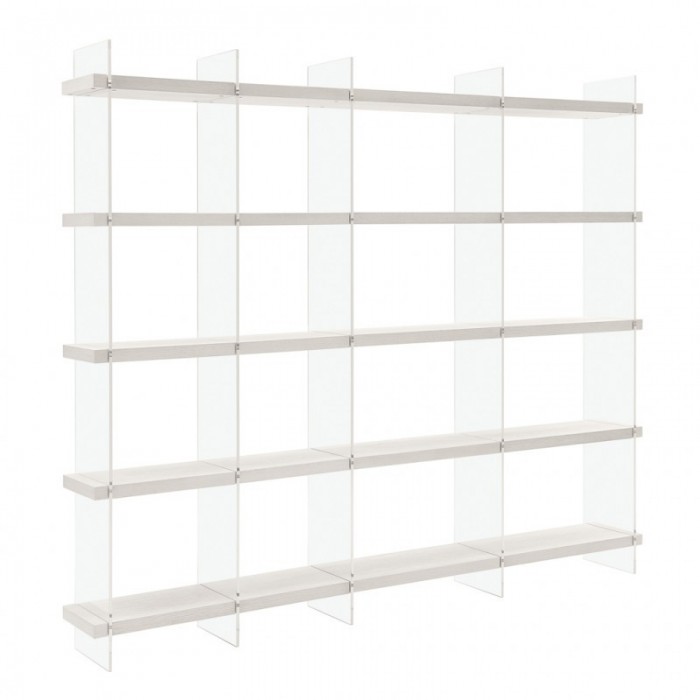 Libreria Loft con 20 ripiani legno e fianchi vetro FINITURE FRASSINO  Frassino poro aperto grigio perla