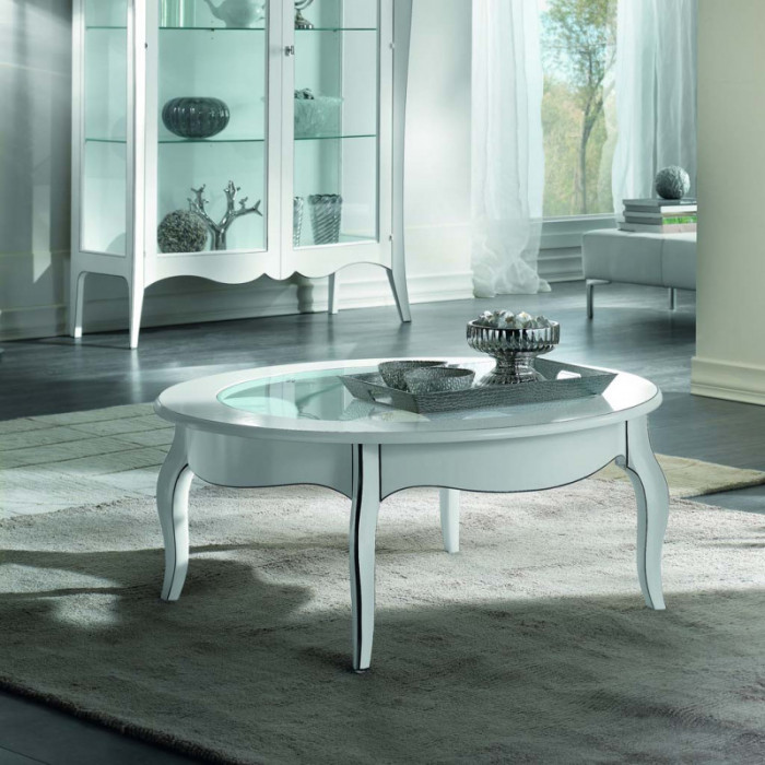 Tavolino da salotto rotondo con piano cristallo Charme Rifiniture Noce  Toscana